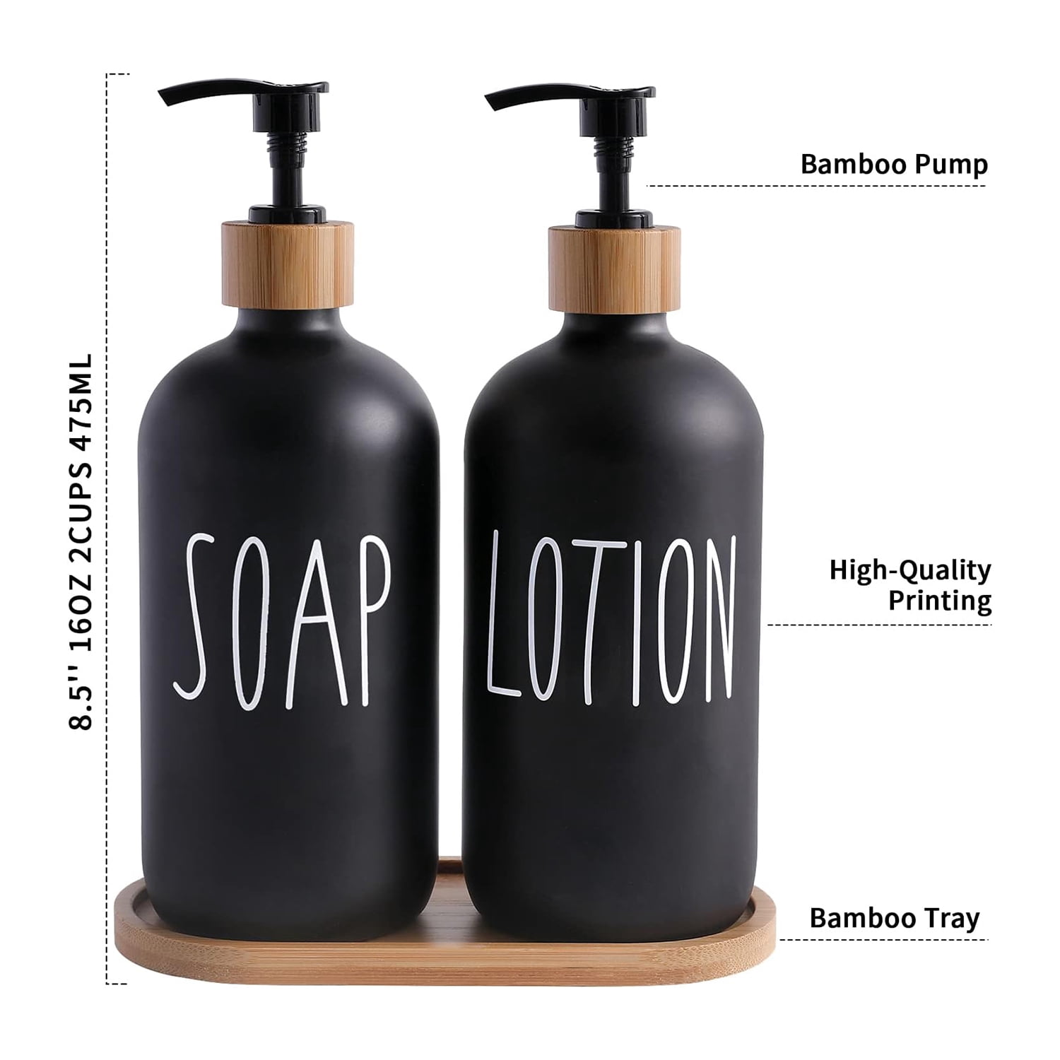 WOVTE Glass Lotion and  Soap Dispenser Set, Bathroom Soap Dispenser Set with Tray, Suitable for Bathroom Accessories, Housewarming Gift, Countertop Decor, Modern Bathroom Decor (Black, 16oz)