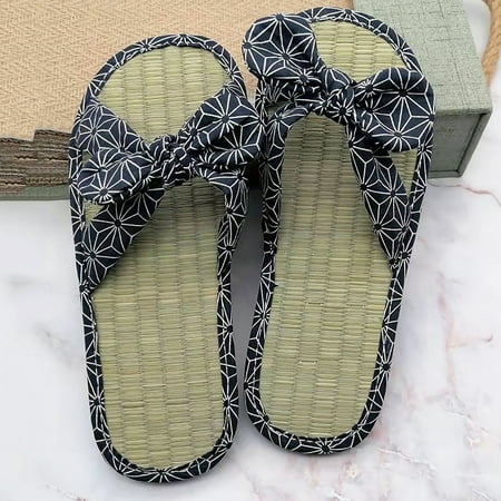 

uikmnh Women Shoes Straw Mat Slippers Casual Bow Rattan Grass Slippers Home Fashion Sandals Slippers Blue 7.5