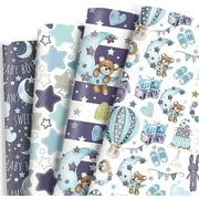 Baby Shower Wrapping Paper for Baby Boy Infant - 12 Sheets Baby Blue Gift Wrap with Bear Star Cake Moon Sweet Dreams Patterns - 19 x 27inch Per Sheet