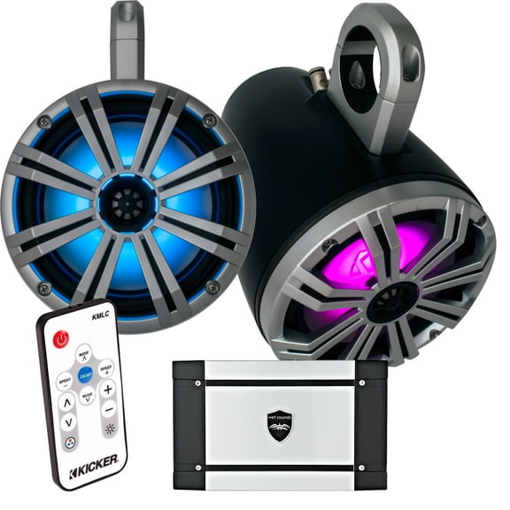 Kicker Marine 8" Black Tower System, 8" Silver Kicker KM Coaxial Speakers, Wet Sounds HT-4 Amp, & 41KMLC LED Remote