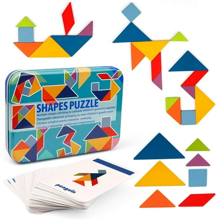Vanmor Wooden Tangram Pattern Blocks Set with 60 Double-Sided Cards