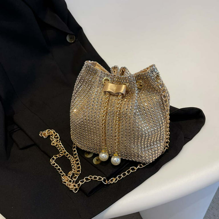 CHAMAIR Rhinestone Women Shoulder Bag Chain Crossbody Bucket Handbag Purse  (Gold)