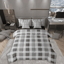 Manfei Geometric Plaid 7-Piece Twin Bedding Sets,Black Grey Bedding Comforter Set,Contemporary Abstract Breathable Sheet Sets,Microfiber Grid Room Decorative,Reversible