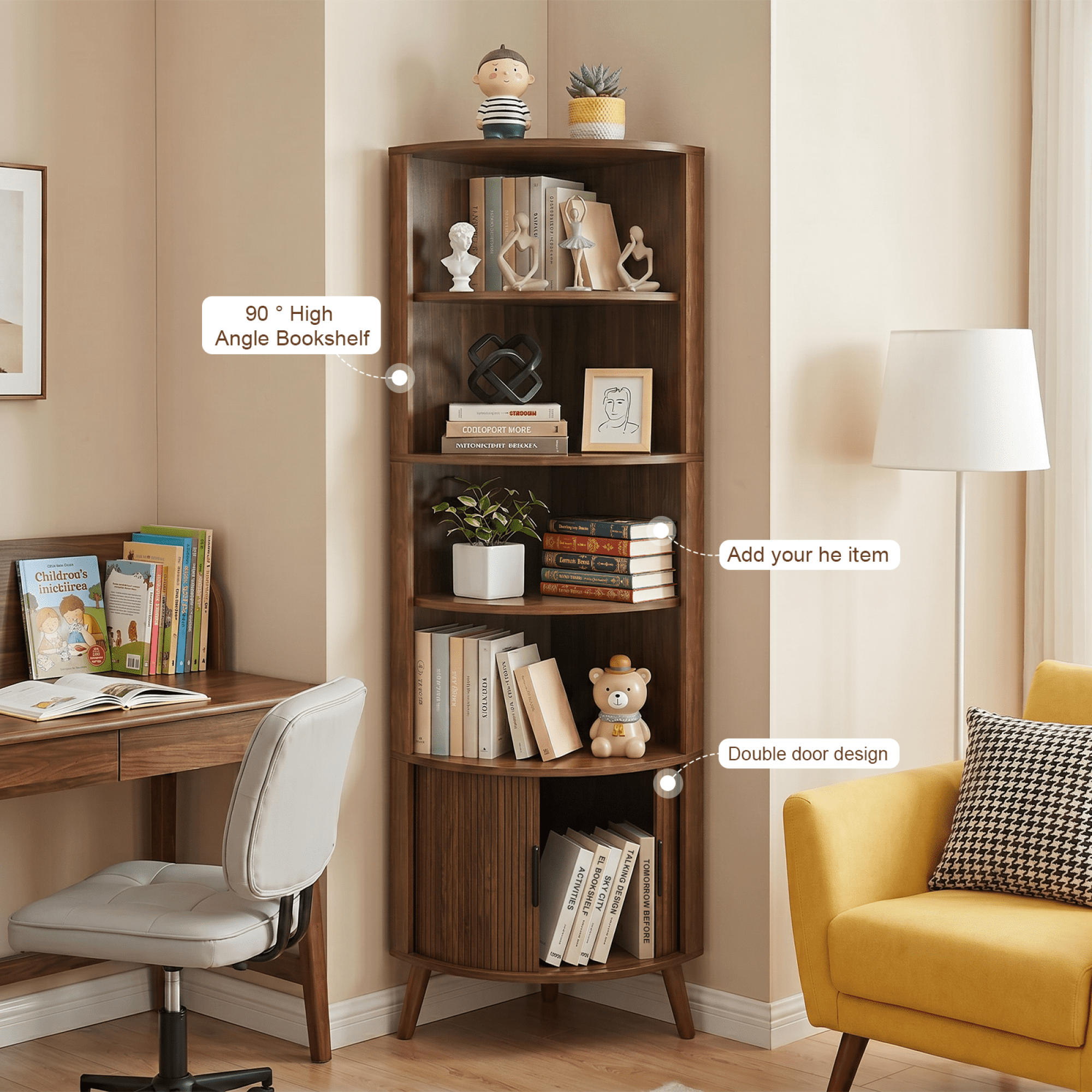 Leumius 5-Tier Corner Bookshelf, Freestanding Wood Corner Shelf with Sliding Doors & Open Shelves, Saving Space, Modern Corner Storage Cabinet for Living Room, Kitchen, Office (Walnut)