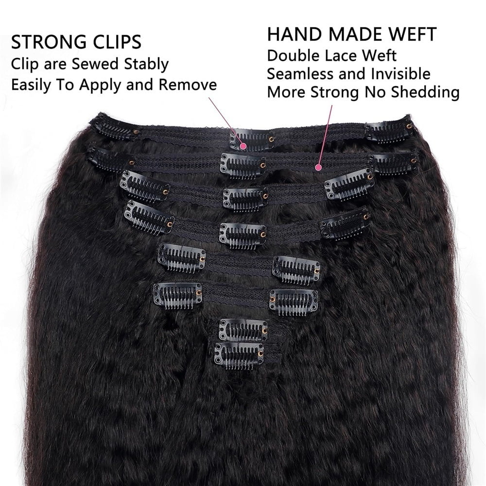 Kinky Straight Clip In Hair Extensions for Black Women Real Human Hair Natural Black 8Pcs 120g Full Head Yaki Straight Clip in Extensions