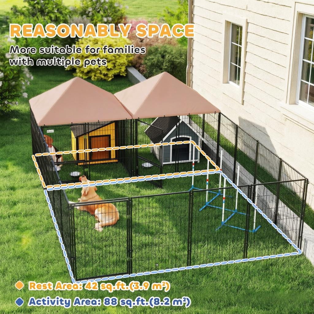 Large Outdoor Dog Kennel with 2 Rooms, Rotating & Adjustable Height Bowls, 13.5' x 9.4' x 5.1'
