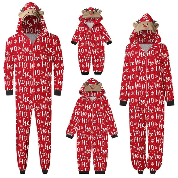 Family Matching Christmas Jumpsuits Pajamas Letter/Santa/Tree/Print Hooded Long Sleeve Playsuits Autumn Zipper Long Rompers