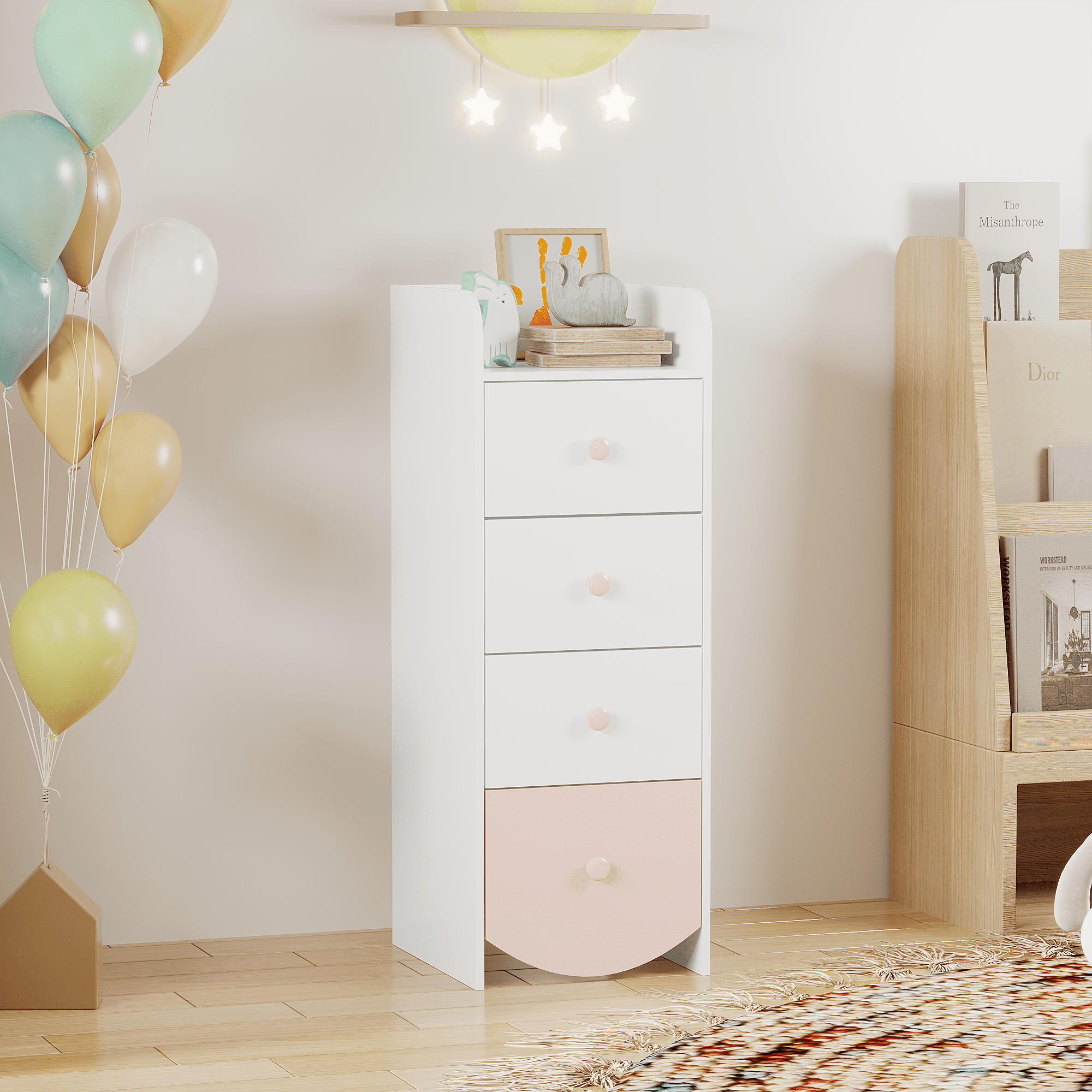 Kids Dresser with 4 Drawers, Narrow Storage Cabinet for Kids Room, MDF Chest of Drawers with Round Bottom Design, Nursery Bedroom Organizer, White
