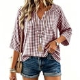 thumbnail image 7 of VBVC Women's Gingham V Neck Blouse, Ladies' 3/4 Sleeve Summer Tunic Top, Casual Loose Fit Checkered Shirt For Women, Hot Pink , S-3XL, 7 of 7
