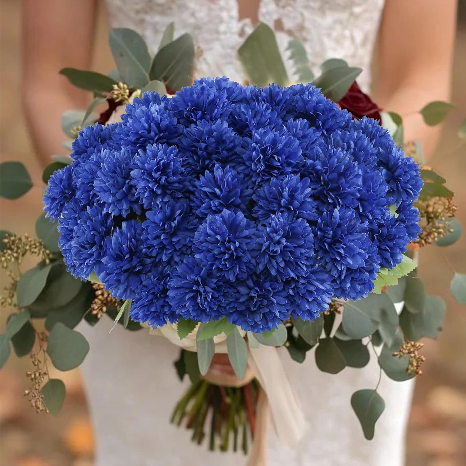 12 Bundle Artificial Mums Flowers Deep Blue, Lifelike Silk Chrysanthemum Bouquet for Outdoor Indoor Vase Wedding Home Decor