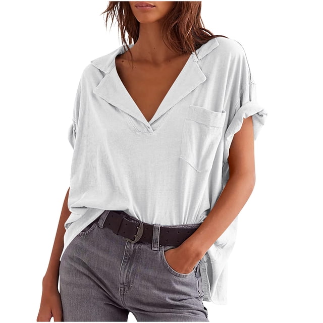 JIUIKE Oversized Tops for Women Short Sleeve T-Shirts Deep V Neck Solid Color Loose Fitting Tees
