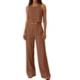 thumbnail image 4 of Mifsaly 2 Piece Linen Sets for Women Summer Casual Vacation Beach Matching Outfits Crop Tank Top and High Waisted Wide Leg Pants with Pockets Coffee,S, 4 of 7