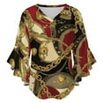 thumbnail image 5 of Gold Chains Red Black Pattern Women's V-Neck Blouse With 3/4 Ruffled Bell Sleeves Casual Top Ladies Blouses, 5 of 7
