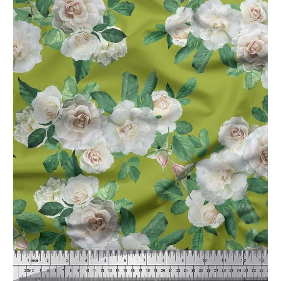 Soimoi Modal Satin Fabric Leaves & Begonia Flower Print Fabric by the Yard 42 Inch Wide