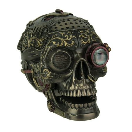 - Steampunk Style Human Skull Bronze Finished Statue With Movable Jaw