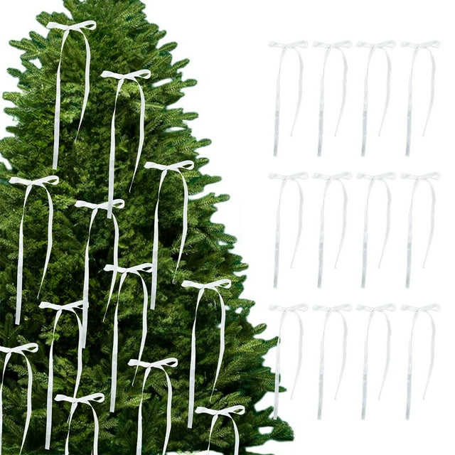 Paquete de 12 lazos de cinta para árbol de Navidad - Lazos decorativos de poliéster de 80 cm para decoración navideña en rosa, oro rosa, beige, azul y blanco - Adornos festivos y colgantes para árbol