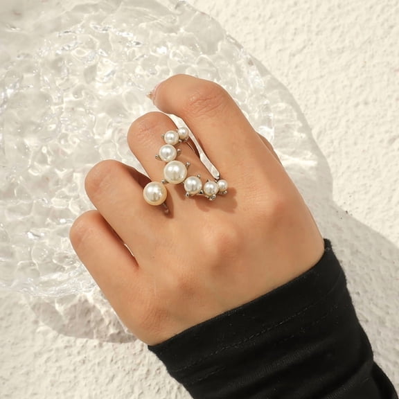 Vintage Crystal Pearl Rings for Women - Stacking Promise Pearl Adjustable Open Finger Ring Trendy Personality Statement Jewelry Gifts