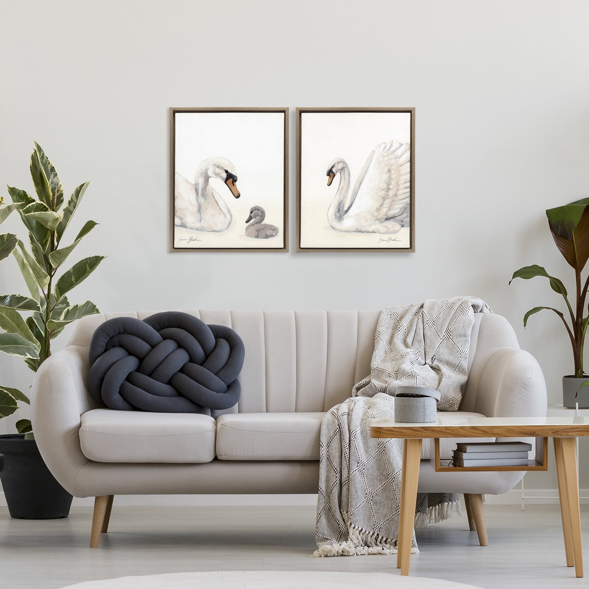 Stupell Industries Graceful Swan & Cygnet 2 Piece Brown Framed Floater Canvas Set, design by Sara Baker