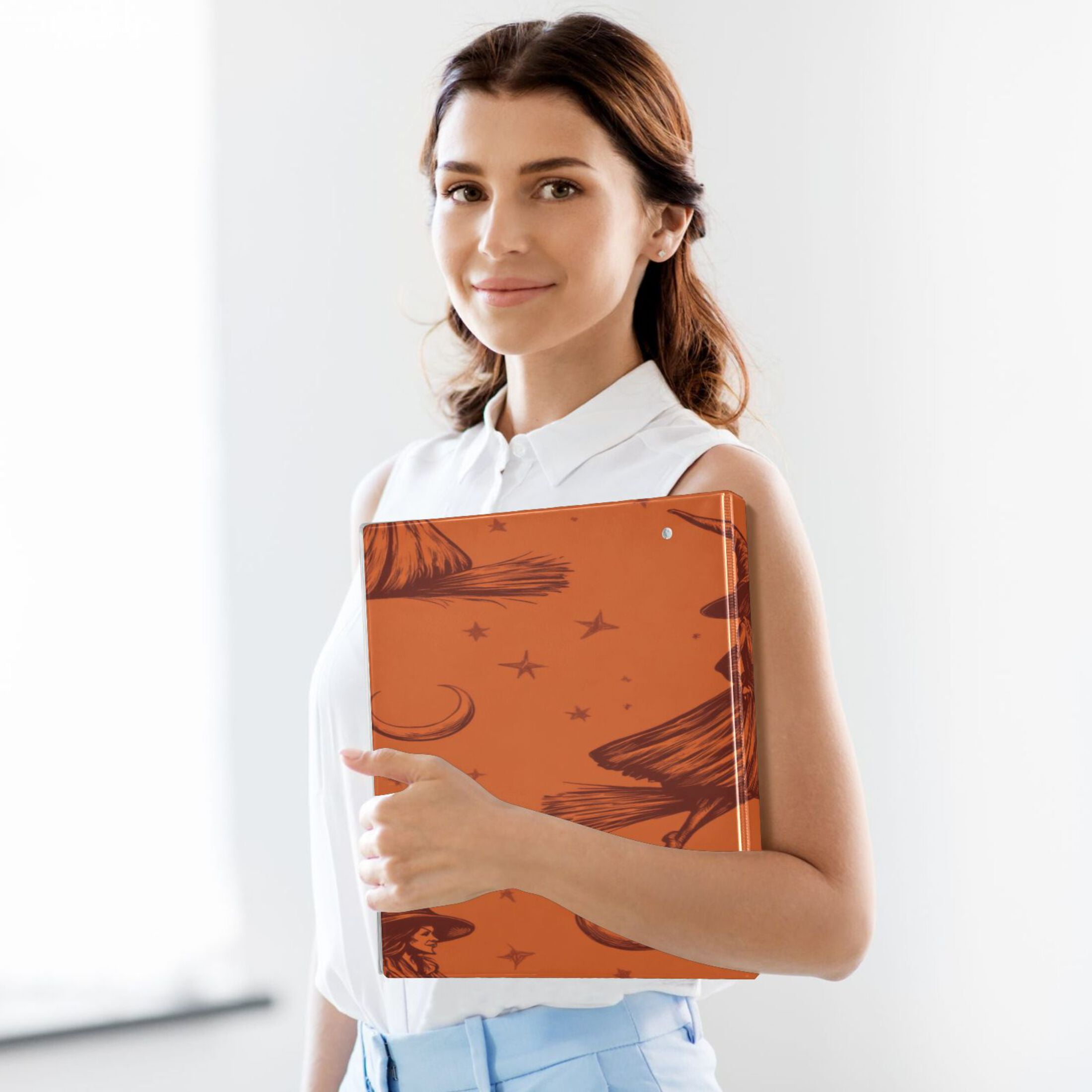 Flying Witch 12.4x10.6in PVC Round Ring Binder, D-Ring 3-Hole, Metal Clip, 200 Sheets