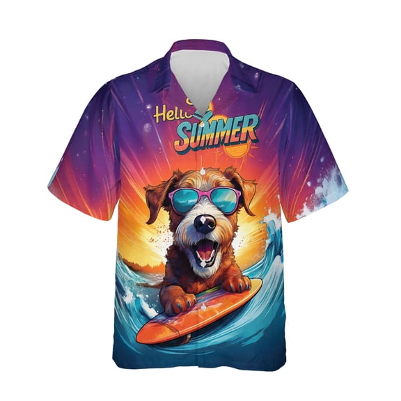 Retro Surfing Airedale Terrier in Cool Sunglasses Hello Summer Waves Hawaiian Shirt Breathable Summer Unisex Merch Dale Waterside Dog Lover - 10001