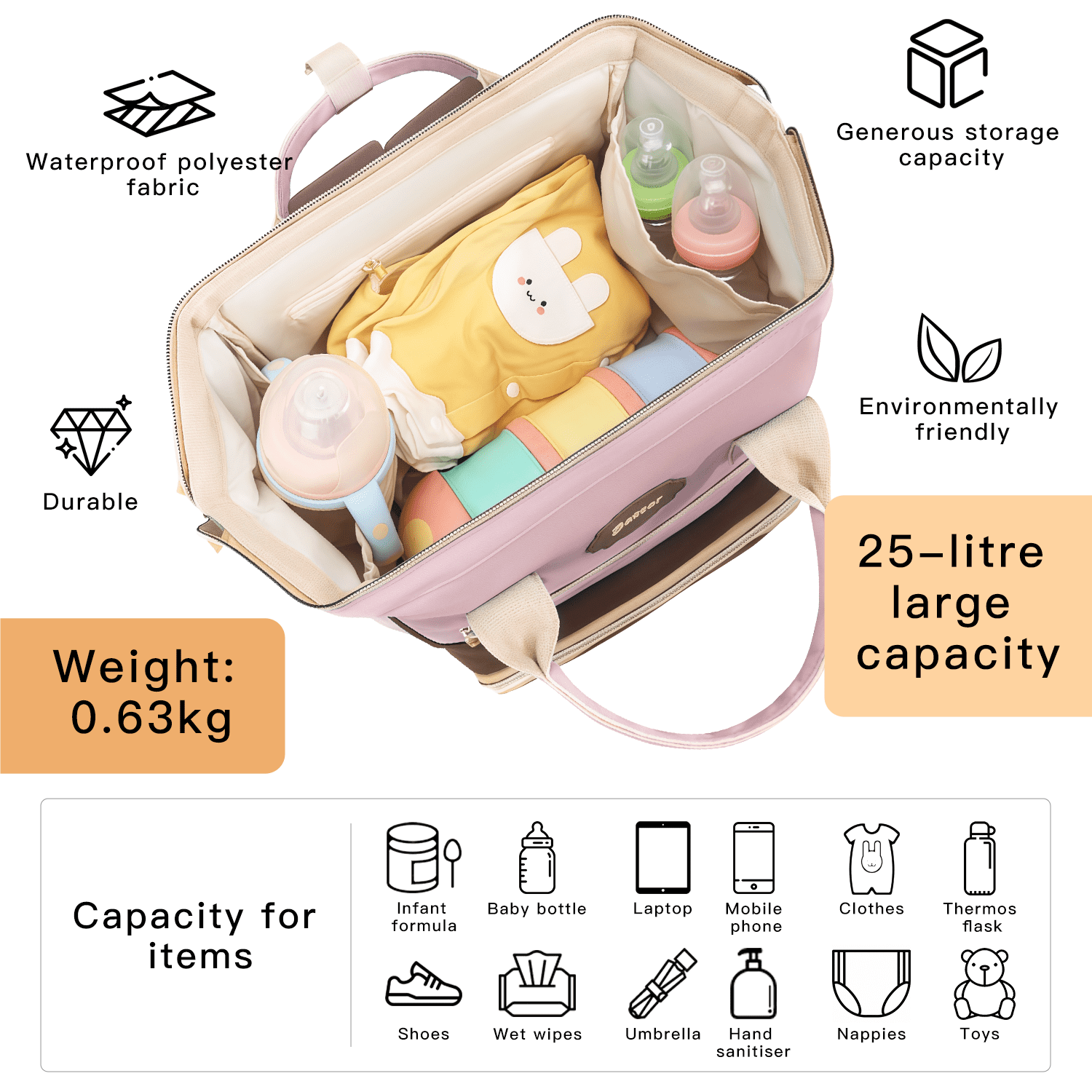 Diaper Bag Backpack - Large Travel Baby Bag with Changing Pad, Waterproof, Pacifier Case, Luggage Strap & Stroller Clips (Pink)