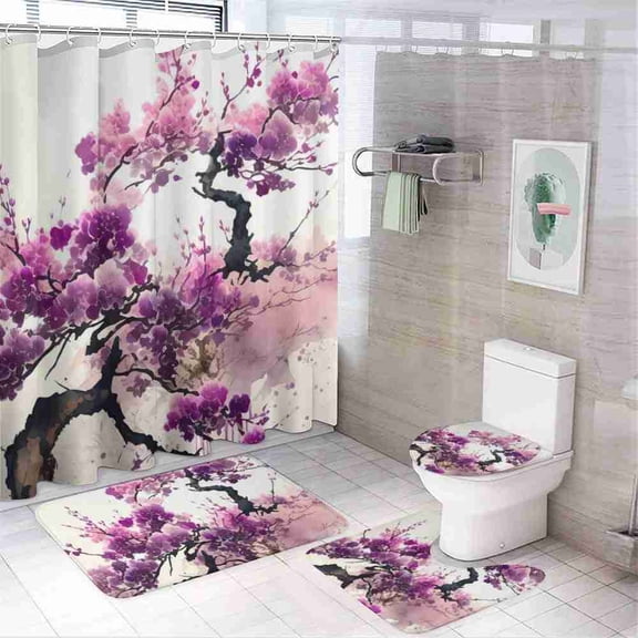 Purple and Pink Watercolor Cherry Blossom Tree Branch 4-Piece Shower Curtain Set with Bath Mats and Toilet Lid Cover for Bathroom Decor
