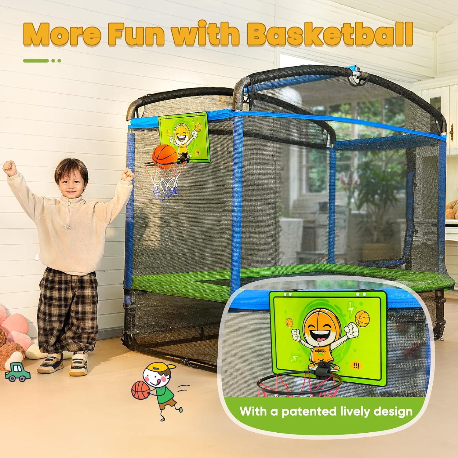 Zupapa 5 in 1 Rectangle Kids Trampoline 6FT with Basketball Hoop, and Safety Net Square Trampoline for Toddlers Ages 3-6, 220LBS Capacity