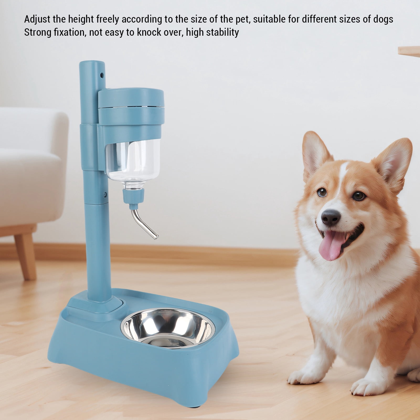 Riousery 500ml / 16.9 oz Pet Standing Water Dispenser with Stainless Steel Bowl, Height Adjustable Automatic Feeder for Cats and Dogs, Lake Blue
