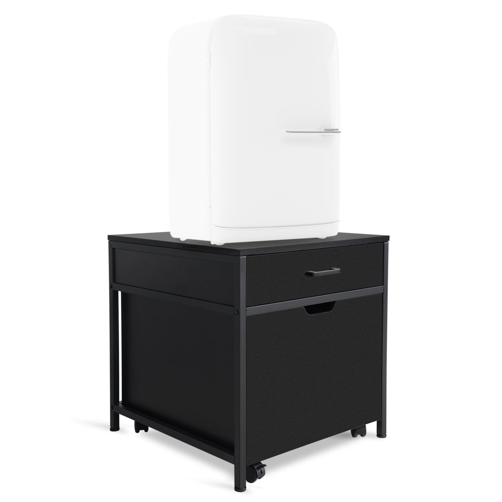 Mini Fridge Stand with Storage, Heavy Duty Mini Fridge Table with Rolling Cabinet 220LBS Capacity Tabletop for Dorm, Apartment,Office, Bedroom