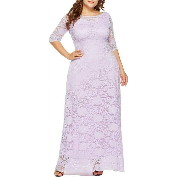 Eternatastic Womens Floral Lace 2/3 Sleeves Maxi Dress Evening Party Long Dress 4XL Purple