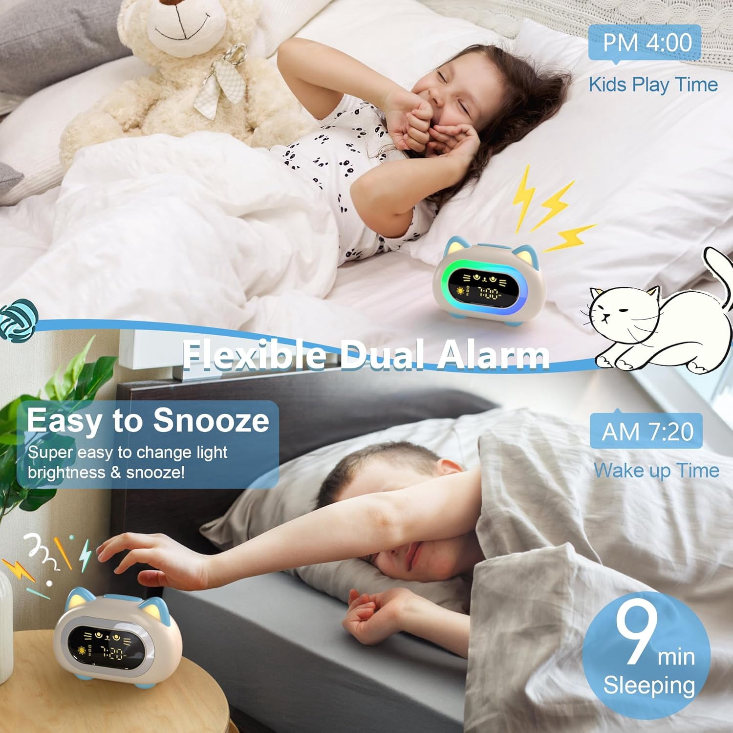 Sailstar Kids Alarm Clock with Night Light, 10 Colors, 3-Level Dimmable, Snooze Mode, Sleep Training Clock with Sound Machine for Toddler Bedroom