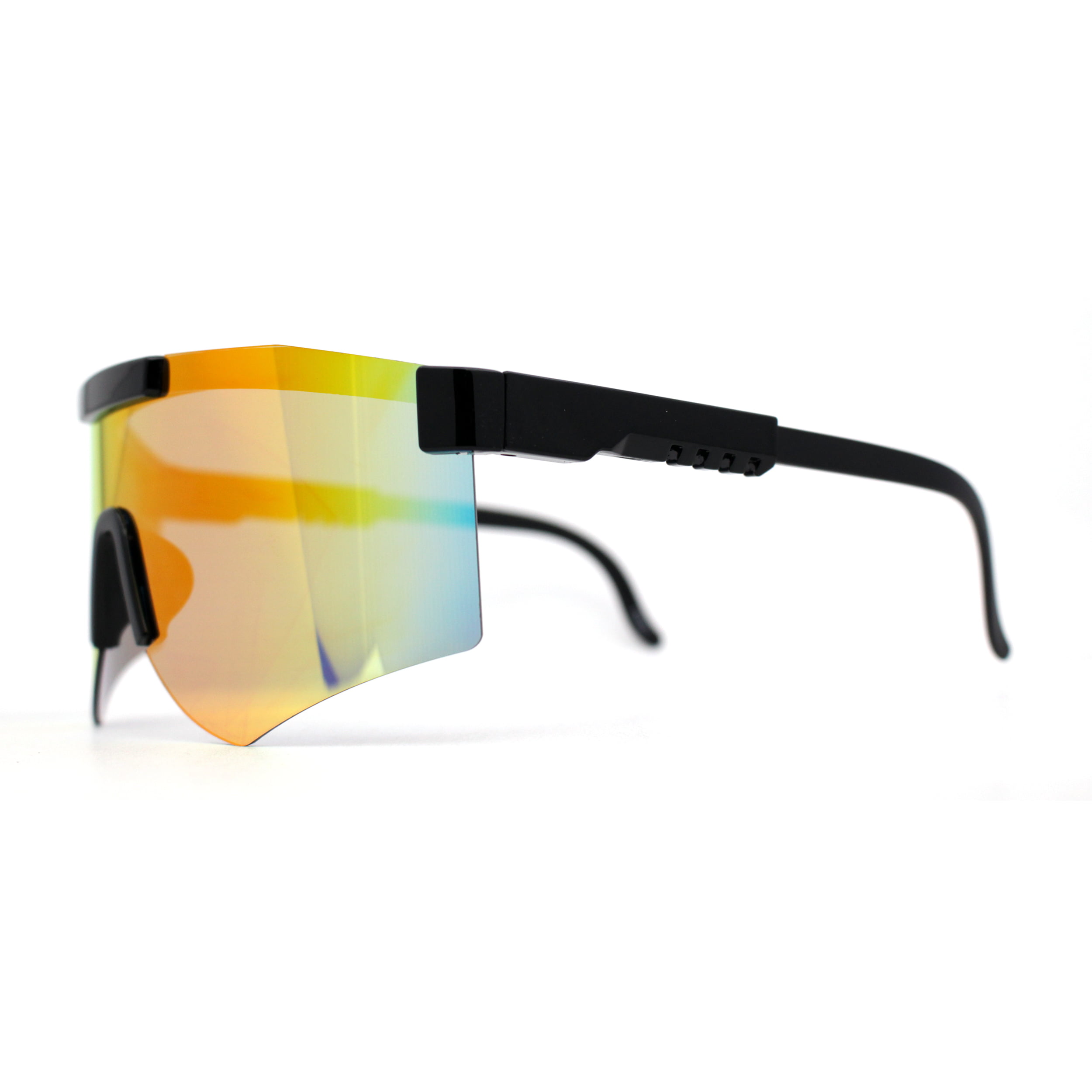 Futuristic Adjustable Arms Cyberpunk Monoblock Shield Sunglasses All Black  Rainbow Mirror