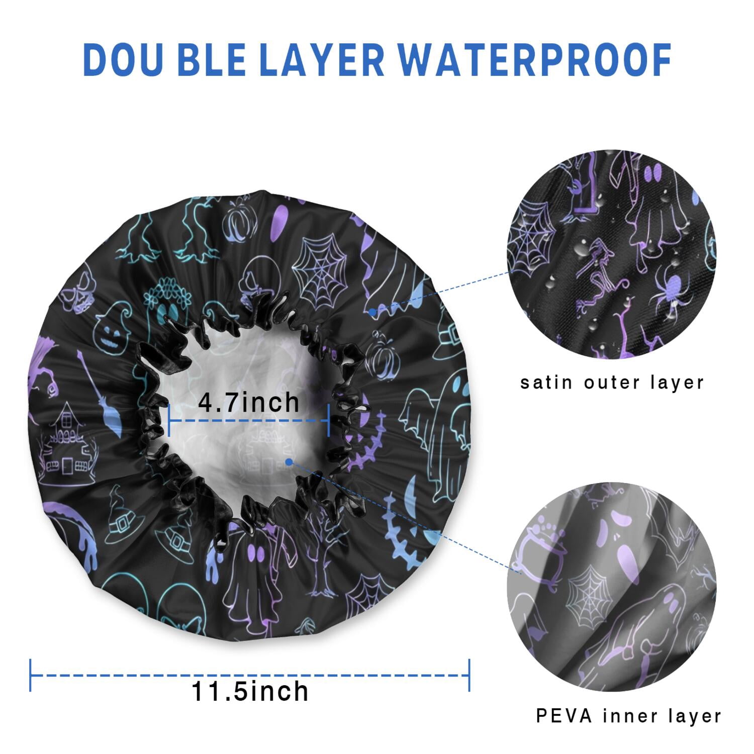 Shower Caps,Black Halloween Ghost Spider Pattern Waterproof Shower Cap for Women 4 Pieces,Double Reusable Hair Cover for Shower PEVA Elastic Stretch Hem
