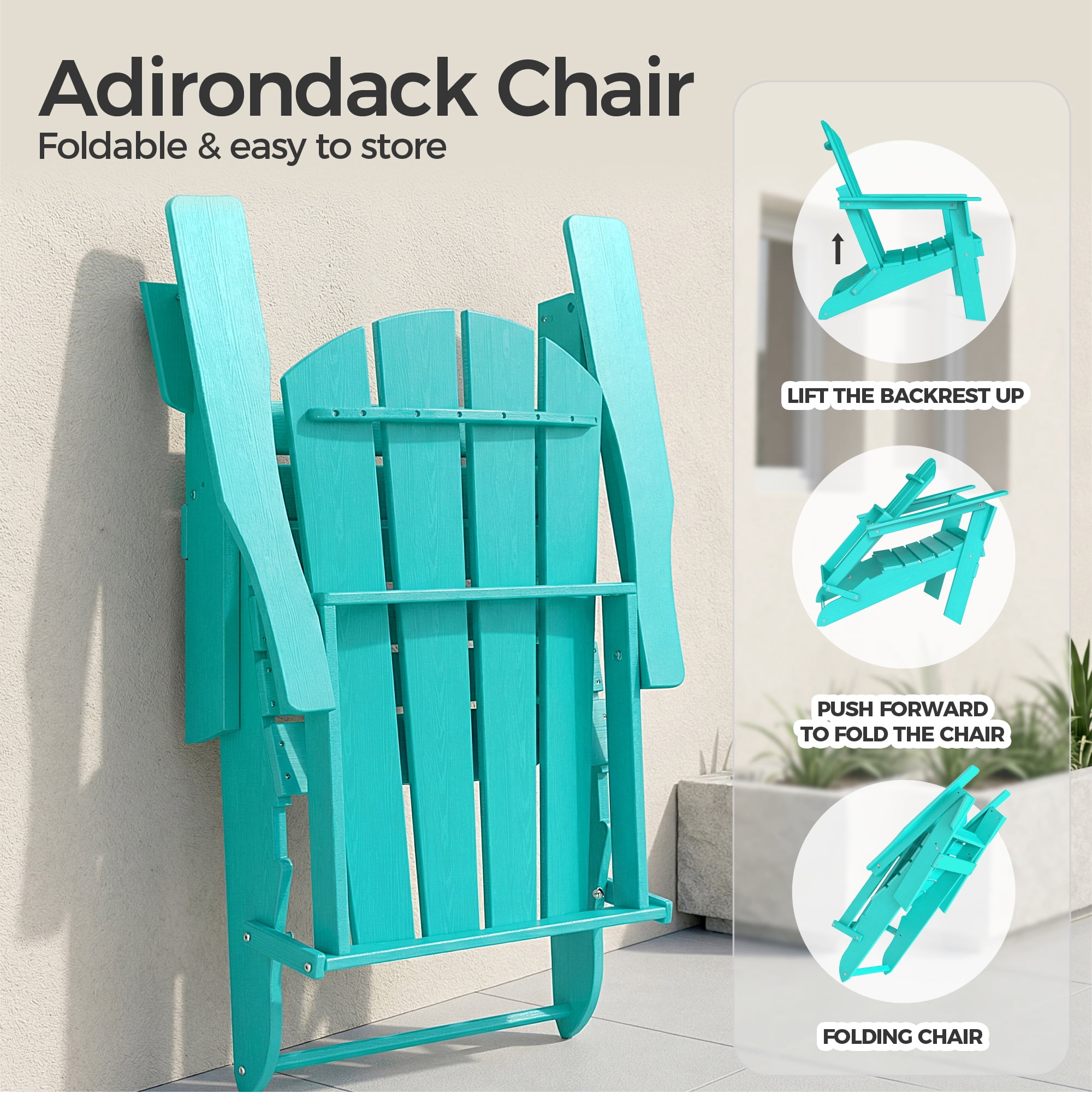 Cobiod Folding Adirondack Chair Set of 2, HDPE Patio Chair, All-Weather Space-Saving Foldable Fire Pit Seating for Camping, Backyard, Deck - Aruba Blue