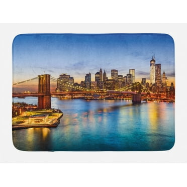 United States Bath Mat, New York City Skyline Over East River Brooklyn Bridge Twilight, Non-Slip Plush Mat Bathroom Kitchen Laundry Room Decor, 29.5 X 17.5 Inches, Blue Dark Orange Yellow, Ambesonne