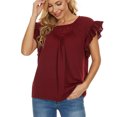 thumbnail image 3 of Mujer Top Volantes Manga Corta Cuello Redondo Color Puro Casual Señora Jersey Blusa para Citas Trabajo Diario Vino Rojo S, 3 of 6