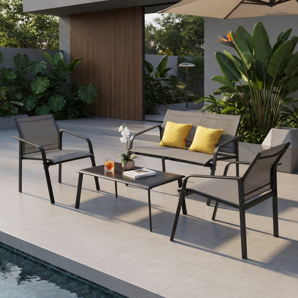 Hommoo 4-Piece Modern Outdoor Patio Furniture Set, Steel Frame with Tempered Glass Table, Loveseat & 2 Armchairs for Deck, Balcony or Backyard, Gray