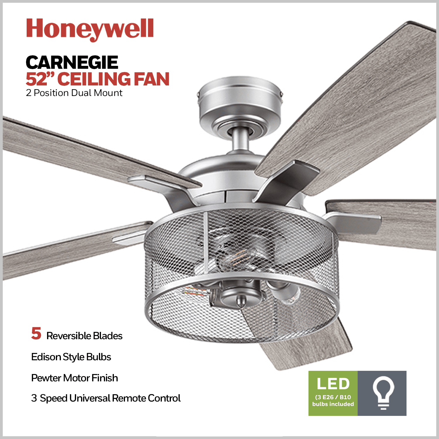 Honeywell Carnegie 52" Pewter Ceiling Fan with Lights and Remote Control
