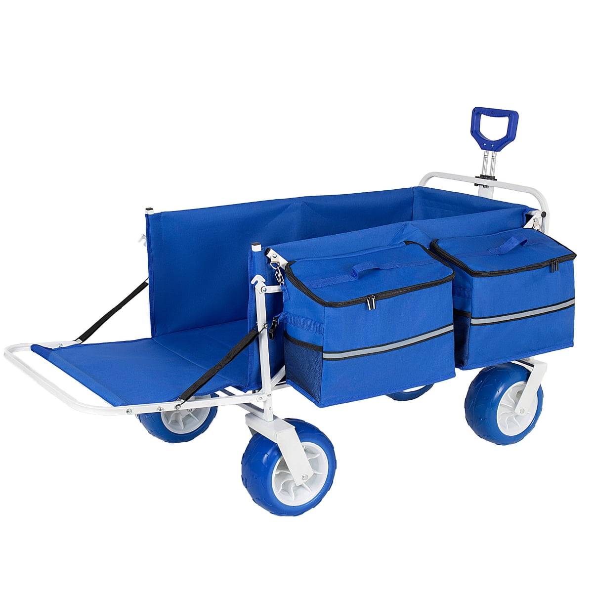 LuckyNote Beach Wagon Cart with Opened Tailgate and 9" All-Terrain Wheels, 500lbs Heavy Duty Collapsible Folding Wagon, Cooler & Storage Bags, Extendable for Kayak, Blue