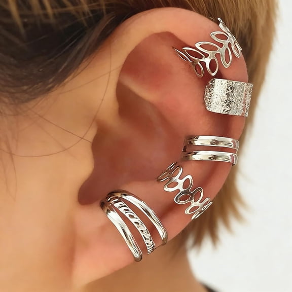 DESIGNICE 5 Pcs Non Piercing Ear Cuffs Set for Women,Adjustable Clip on Cartilage Earrings,Trendy Stackable Fake Jewelry for Multiple Ear Piercing Look,Silvery