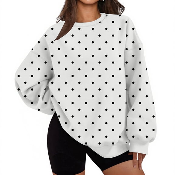 Bexdxz Women's Oversized Polka Dot Crewneck Sweatshirt, Soft Long Sleeve Pullover Top, Casual Y2K Fall Daily Wear Outfit White L