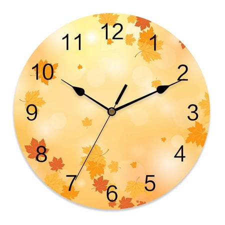 Wall Clock 12 Inch Orange Fall Thanksgiving Round Silent Decorative Wall Clocks Battery Operated for Living Room Bedroom Kitchen Classroom Decor, Vintage Maple Leaf,Large