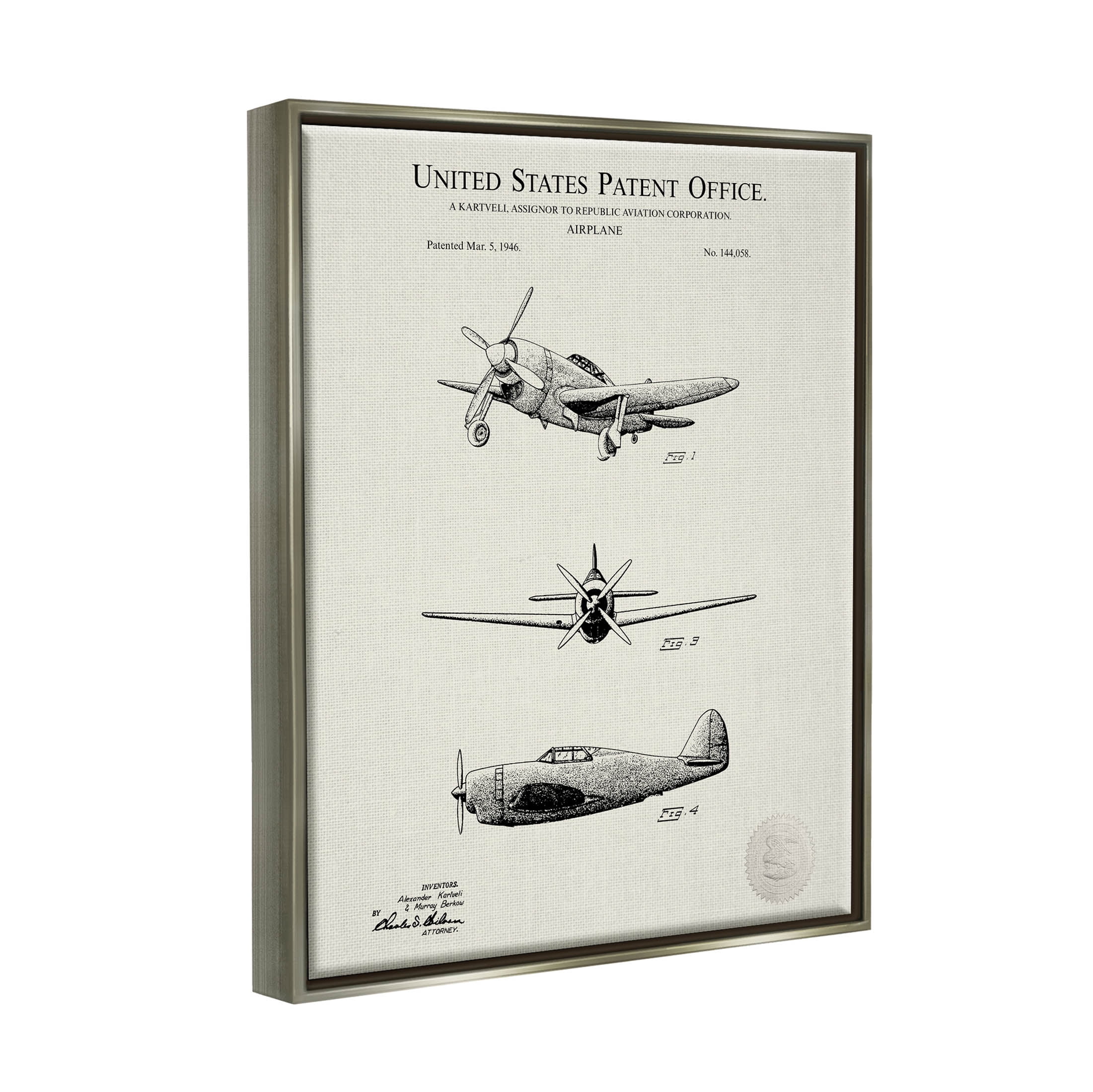Stupell Industries US Patent Airplane Diagram Graphic Art Luster Gray Floating Framed Canvas Print Wall Art, Design by Karl Hronek