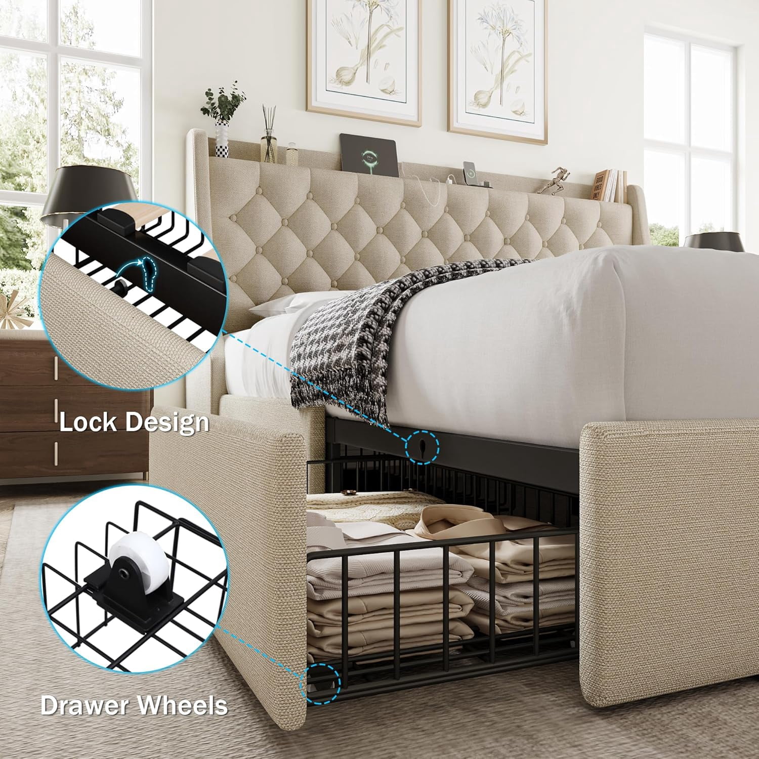 Galnfu King Size Bed Frame with 4 Storage Drawers, Giant Upholstered Wingback Headboard, Fast Charging Station, No Box Spring Needed, Noise-Free,Beige