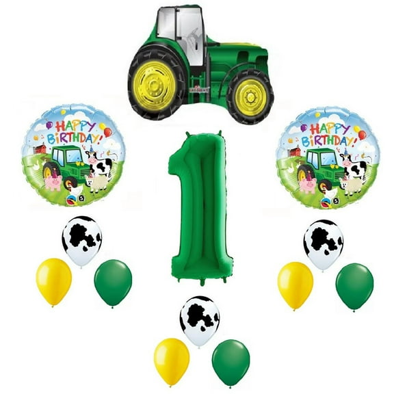 Farm Tractor 13 Piece #1 1st Green Yellow Happy Birthday Balloon Bouquet Party Decoration