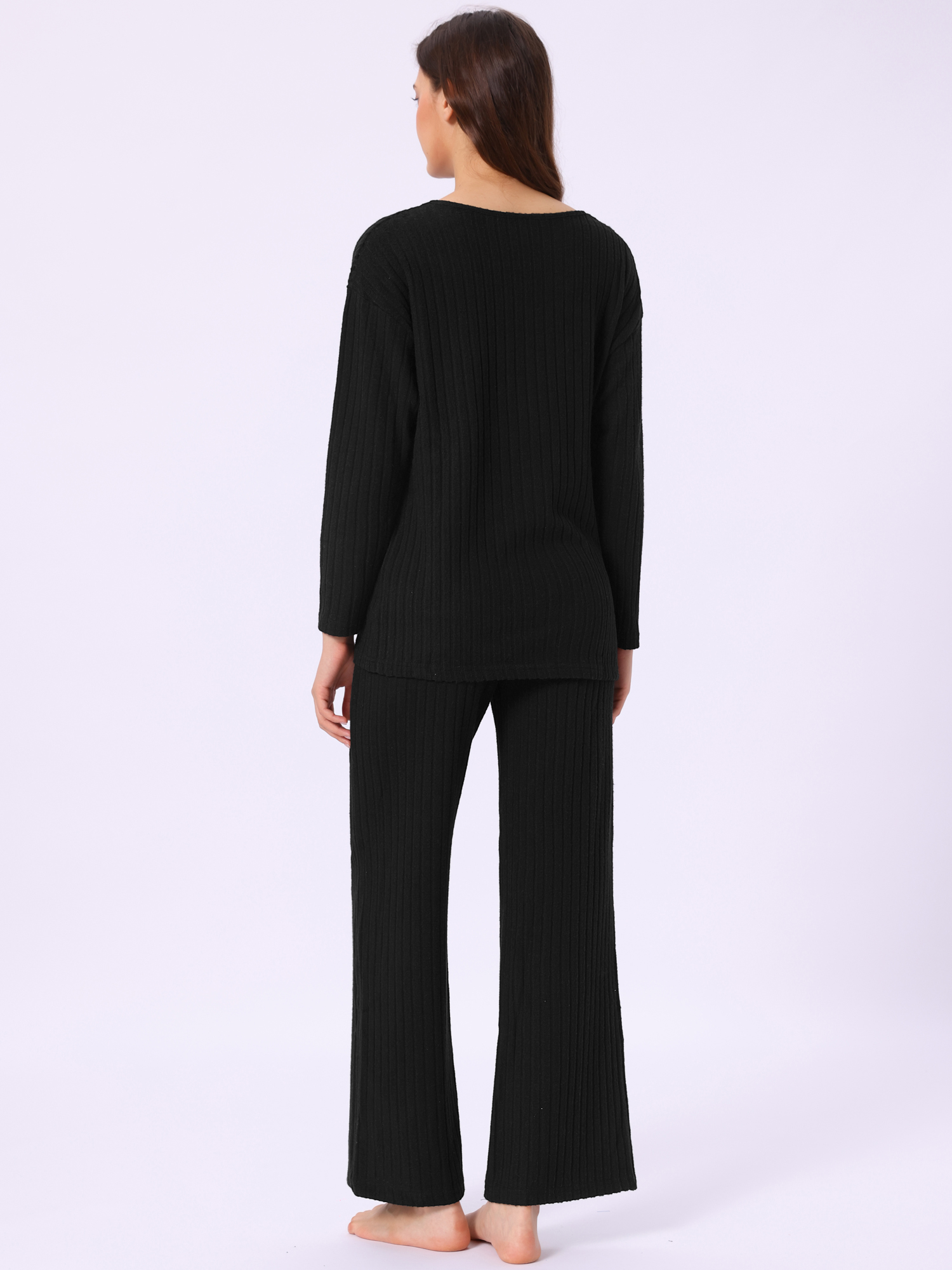 DARING DIVA Women's Ribbed Knit V Neck Long Sleeve Wide Leg Pants Lounge Set XL Black