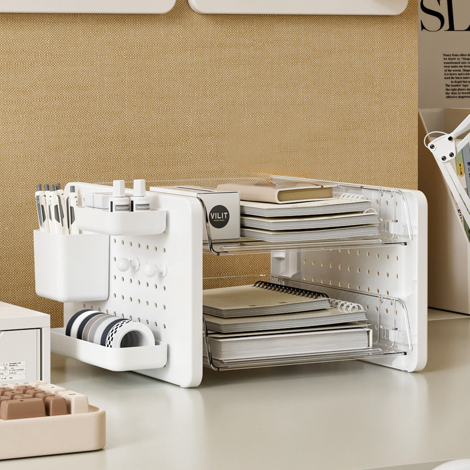 Homenest Desk Organizer, Pegboard Storage Organizer with Multi Tier Shelves, Office Desk Organizer and Vanity Storage for Stationery, Cosmetics, Documents, Black