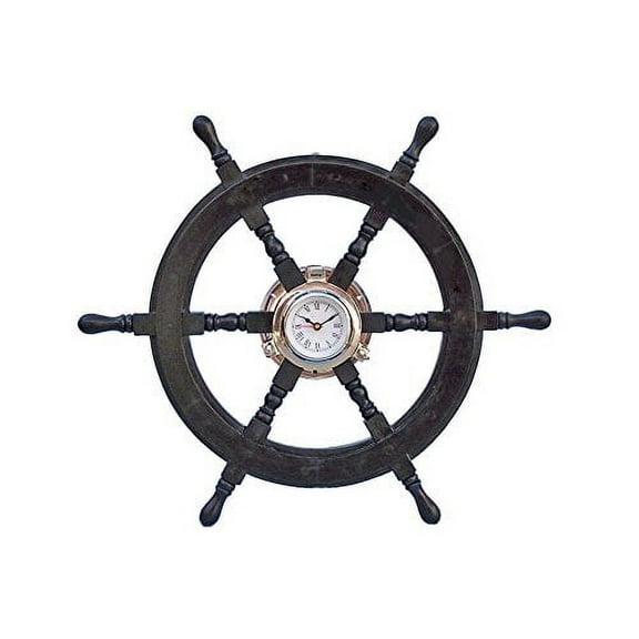 Nagina International 24" Nautical Ship Wheel with 4" Porthole Clock - Pirate Home Decorative Wall Hanging