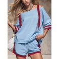 thumbnail image 5 of Women Color Block Off Shoulder Short Sleeve Top and Drawstring Shorts 2 Piece Outfit Set M, 5 of 9