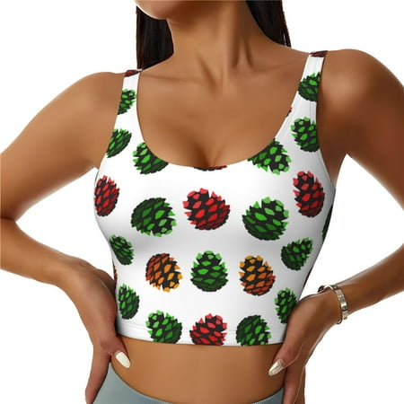 Adobk Colorful Autumn Pinecones Print Sports Bras for Women Longline Workout Crop Tank Tops Padded with Built in Shelf Padded Sports Bra-Large